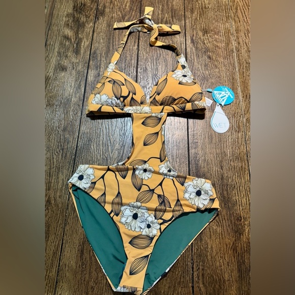 WET Designer Swimwear Marigold One Piece Cutout Sexy Swimsuit Size Medium NWT - Picture 3 of 9